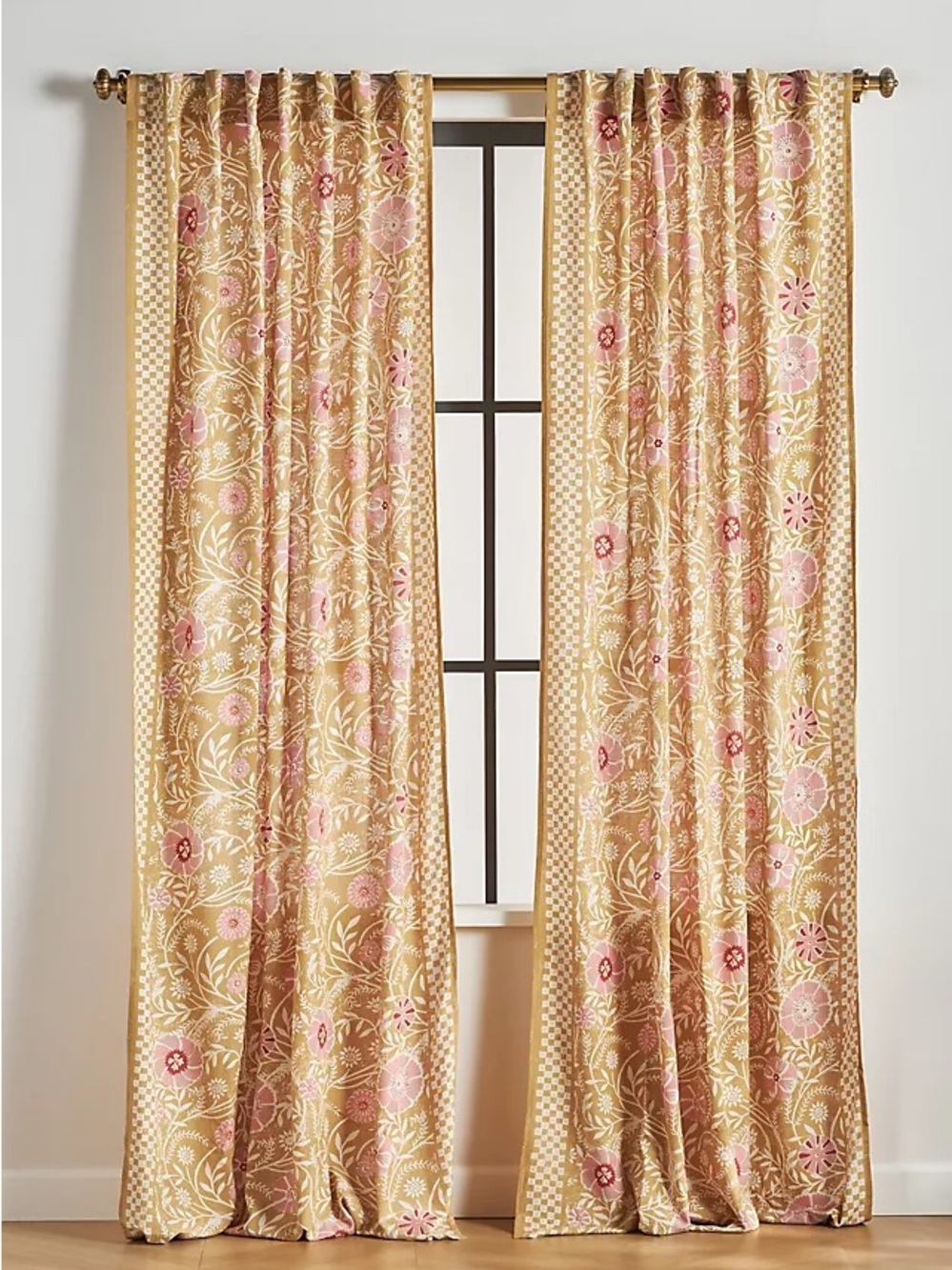 Anthropologie Ellen Merchant Pink and Gold Floral Curtain Panels (2)